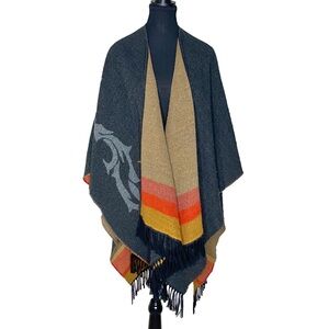 Reversible Blanket Poncho Stars Shawl Fringe Made In France Western Boho